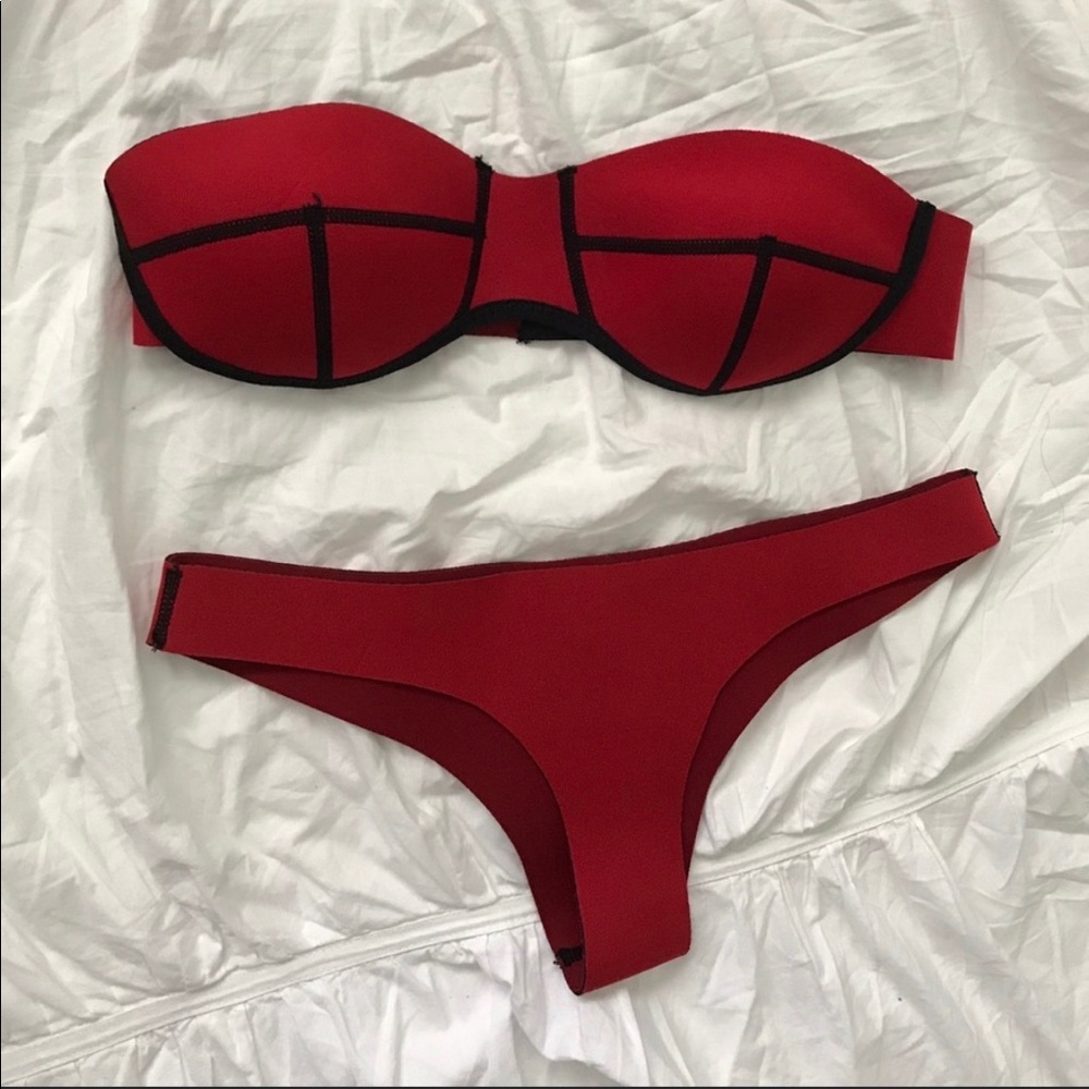 NLP Red neoprene bikini bandeau top and bottom